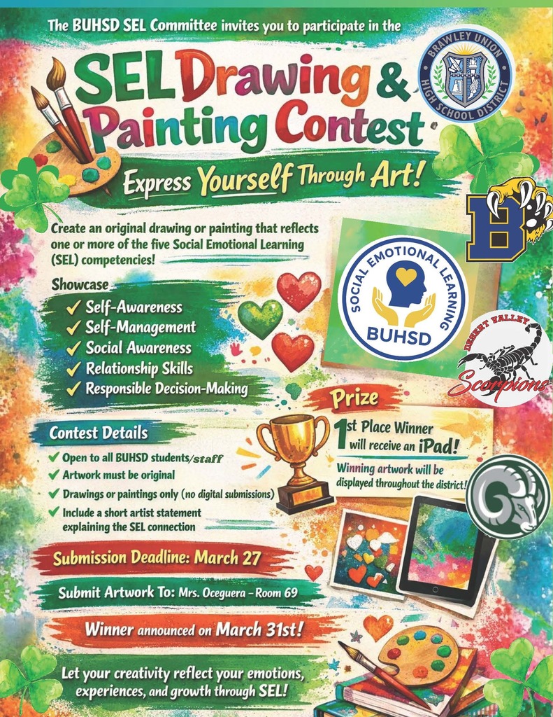 Colorful flyer for a SEL Drawing & Painting Contest by BUHSD. Highlights self-awareness, self-management, social skills, with iPad prize; deadline March 27.