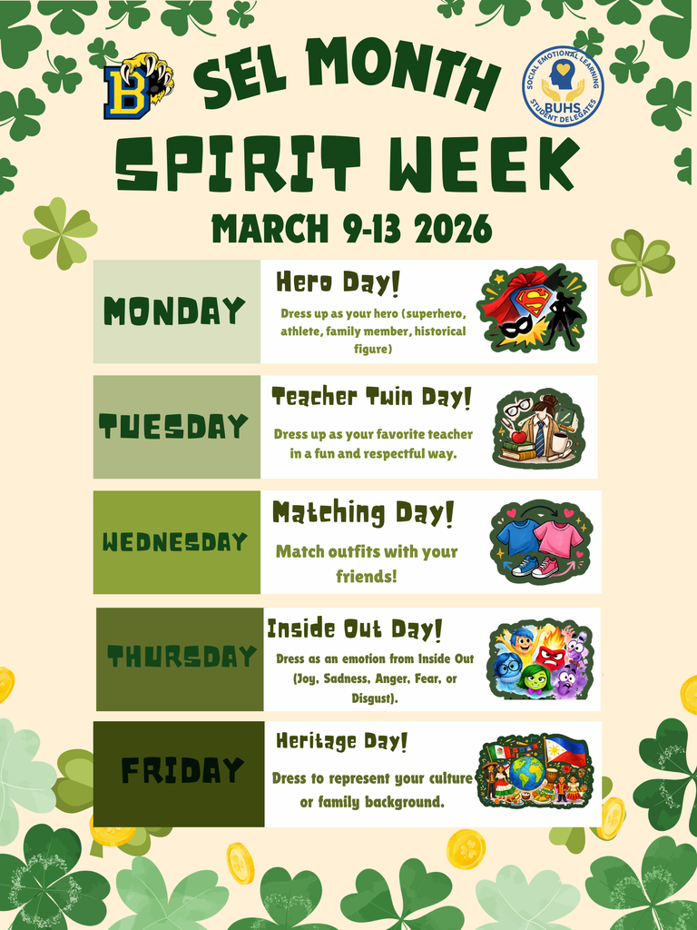 Spirit Week flyer for SEL Month, March 9-13, 2026, with daily themes: Hero, Teacher Twin, Matching, Inside Out, and Heritage Day, 