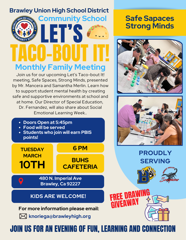 Let’s Taco-bout It! meeting tomorrow Tuesday, March10th at the BUHS Cafeteria. 