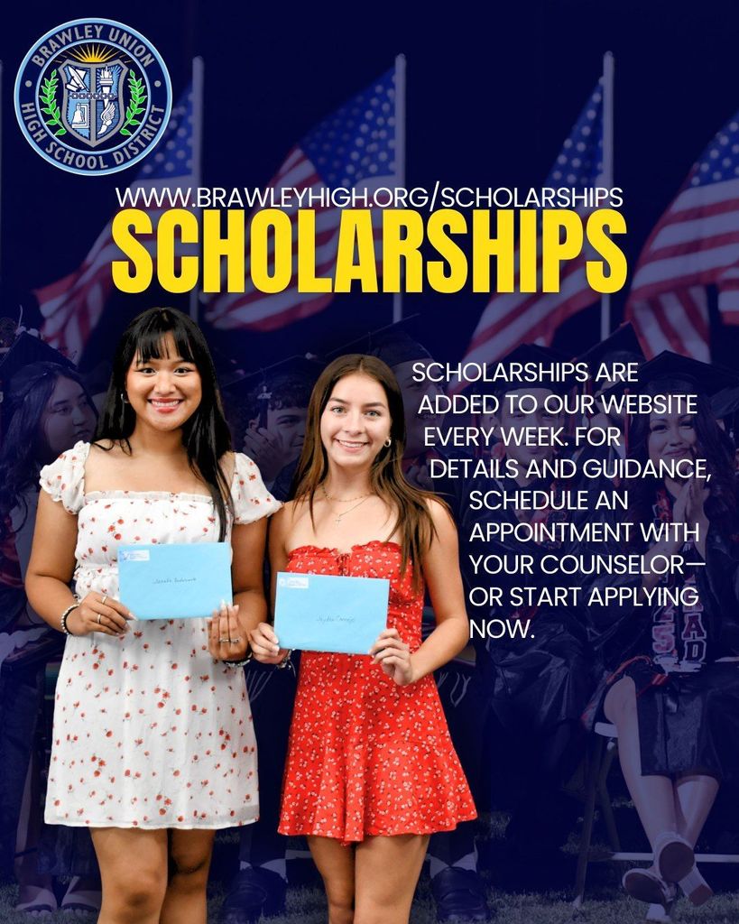 Two students hold scholarships awards., with background of students sitting down at graduation ceremony Text states: Scholarships are added to our website every week. For Details and guidance, schedule an appoitment with your counselor or start applying now.