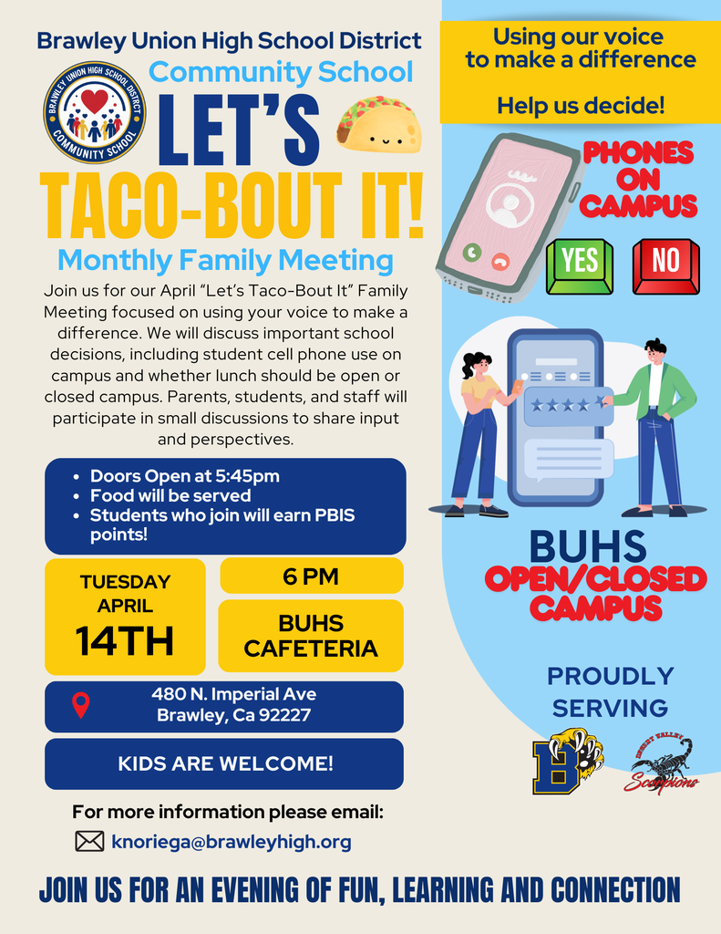 Let’s Taco-bout It! meeting Tuesday, April 14th at the BUHS Cafeteria at 6pm.