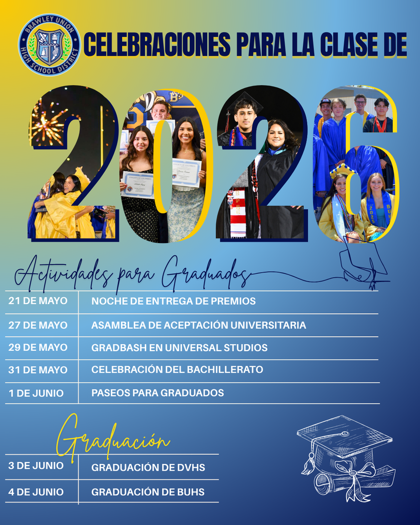 Celebraciones para la promoción de 2026. El 21 de mayo es la noche de entrega de premios a los alumnos de último curso. El 27 de mayo, asamblea de admisión a la universidad. El 29 de mayo, fiesta de graduación en Universal Studios. El 31 de mayo, fiesta de fin de curso. Los días 1 y 2 de junio, paseos de los alumnos de último curso. El 3 de junio, graduación del DVHS. El 4 de junio, graduaciones del BUHS.