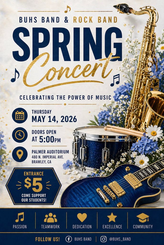 BUHS Band and Rock Band Spring Concert on Thursday May 14th at 5 PM. $5 entrance fee.