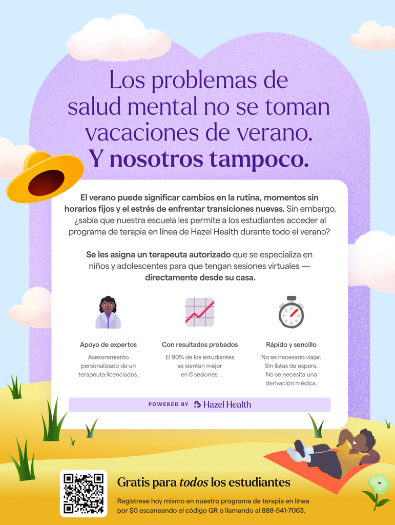 Folleto de Hazel Health que promociona la terapia online de verano para estudiantes. Incluye texto sobre los retos de la salud mental, iconos que representan los beneficios del apoyo y la imagen de un estudiante tumbado en la hierba. También incluye nubes, un sombrero para el sol y un código QR para inscribirse.