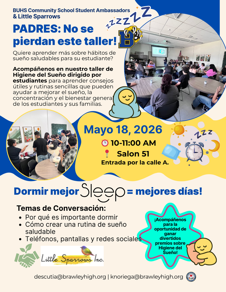La imagen es un folleto a todo color sobre un taller de higiene del sueño. En la parte superior aparece el título en letras azules y negritas: «PADRES: ¡NO SE PIERDAN ESTE TALLER!», seguido de información sobre un taller de higiene del sueño organizado por los alumnos. Dos fotos, enmarcadas sobre un fondo amarillo, muestran a un grupo de personas reunidas alrededor de unas mesas, probablemente en el marco de un taller. También aparecen una figura de dibujos animados durmiendo y el símbolo «zzz», con un círculo amarillo superpuesto que ofrece los siguientes detalles: «18 de mayo de 2026, de 10:00 a 11:00, Sala 51, entrada por la calle A». Debajo, una sección más pequeña reza: «¡Dormir mejor = días mejores!». La lista de temas que se tratarán incluye «Por qué es importante dormir», «Crear una rutina de sueño saludable» y «Teléfonos, pantallas y redes sociales».  