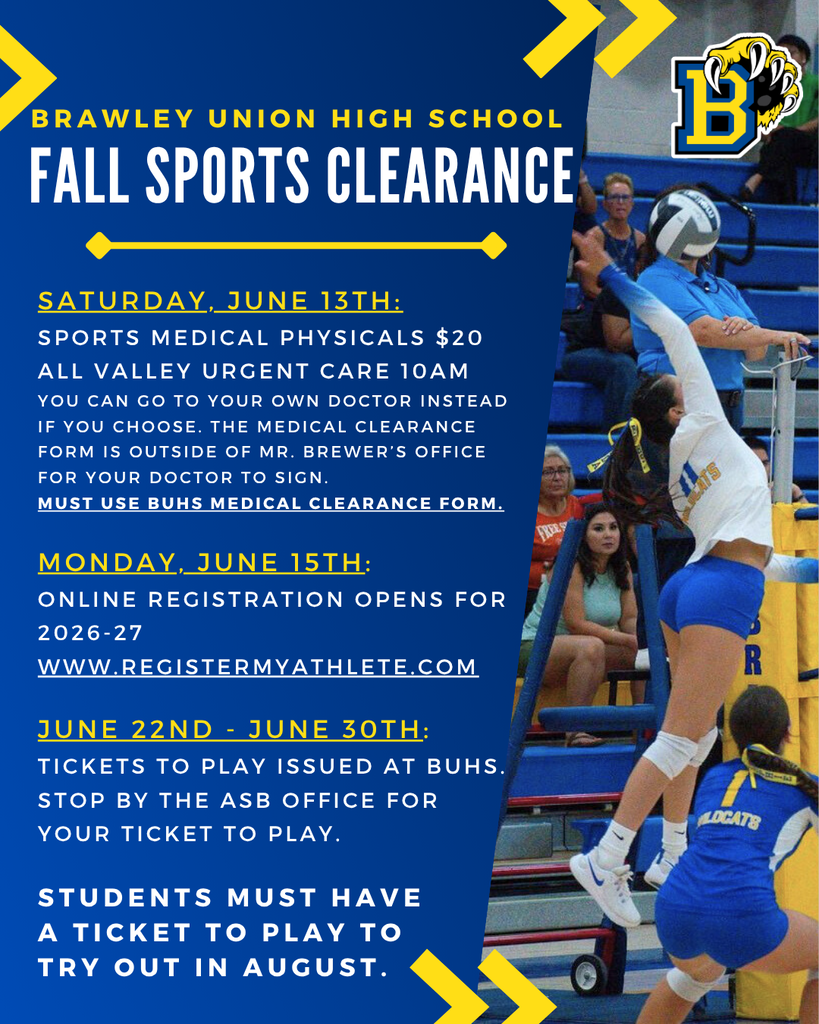 fall sports clearance for 2026-2027 season. Saturday June 13th sports medical physicals at all valley urgent care at 10am, Monday june 15th online registration opens, june 22nd-june 30th tickets to play issued at buhs. students must have a ticket to play to try out in august.