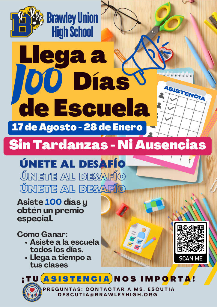 Si llegas a los 100 días de clase, recibirás un premio especial. Sin retrasos ni faltas: tu asistencia es importante para nosotros.