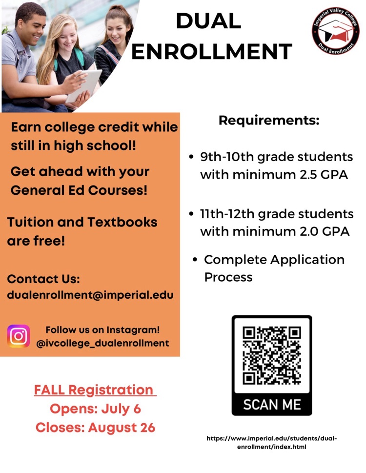 Dual enrollment at imperial Valley College closes on August 26