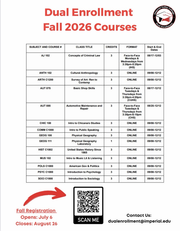 Dual enrollment at imperial Valley College closes on August 26