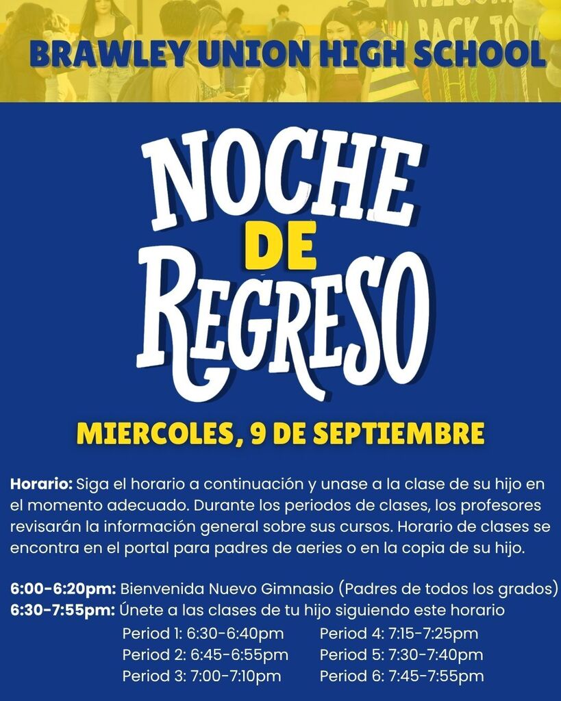 El inicio del curso escolar tendrá lugar el miércoles 9 de septiembre de 2026, de 18:00 a 19:55. Por favor, seguid el horario de timbres que aparece más arriba y visitad el portal para padres de Aeries para consultar las aulas de vuestros hijos. ¡Esperamos veros allí!