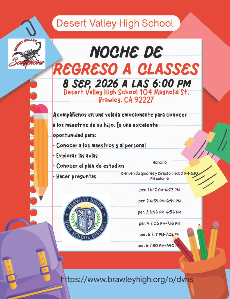 El inicio del curso escolar tendrá lugar el martes 8 de septiembre de 2026, de 18:00 a 19:45. Por favor, seguid el horario de timbres que aparece más arriba y visitad el portal para padres de Aeries para consultar las aulas de vuestros hijos. ¡Esperamos veros allí!