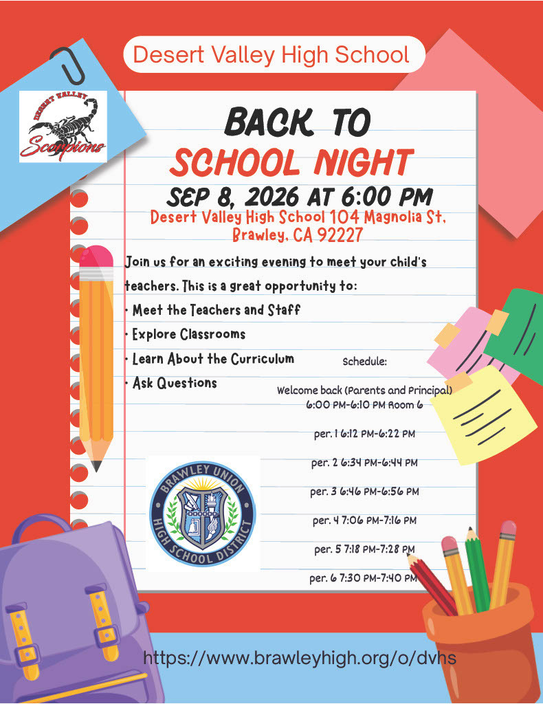 Back to School is on Tuesday September 8th 2026 for 6-7:45PM. please follow the bell schedule above, and visit the Aeries Parent Portal for your child's classrooms . We hope to see you there!