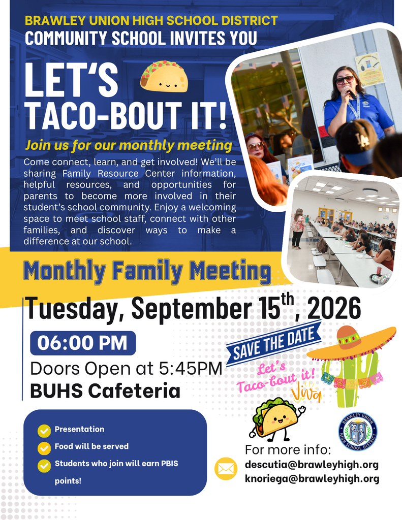 Let's Taco-Bout It meeting is on September 15, 2026 at 6pm in the BUHS Cafeteria