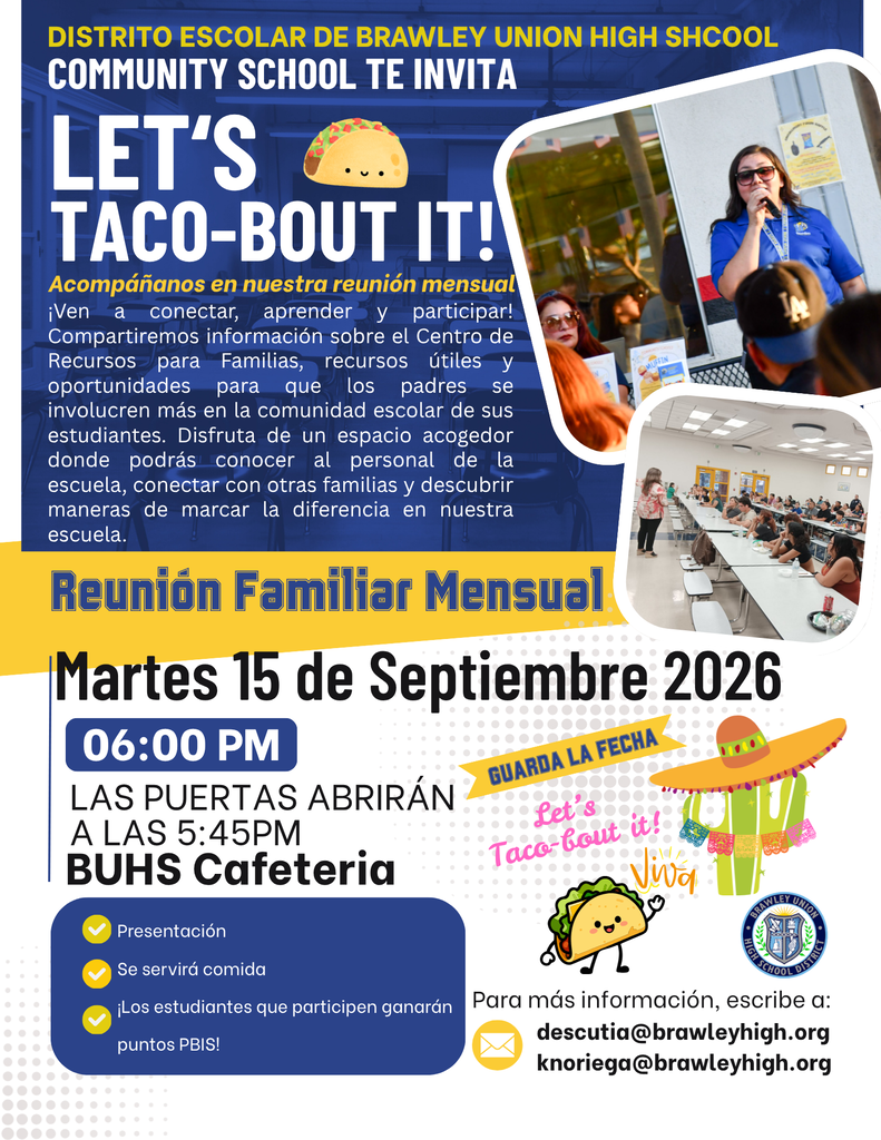 La reunión Let's Taco-Bout It tendrá lugar el 15 de septiembre de 2026 a las 18:00 h en la cafetería del BUHS.