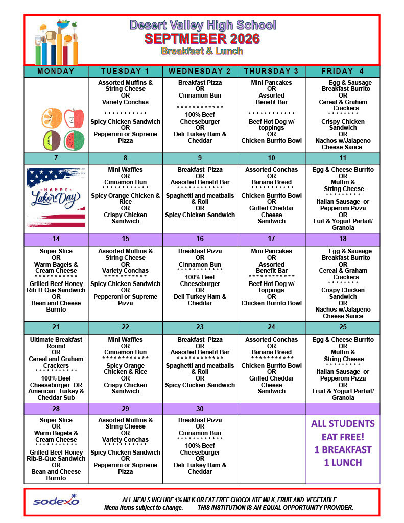 DVHS September Lunch is available in the food cart
