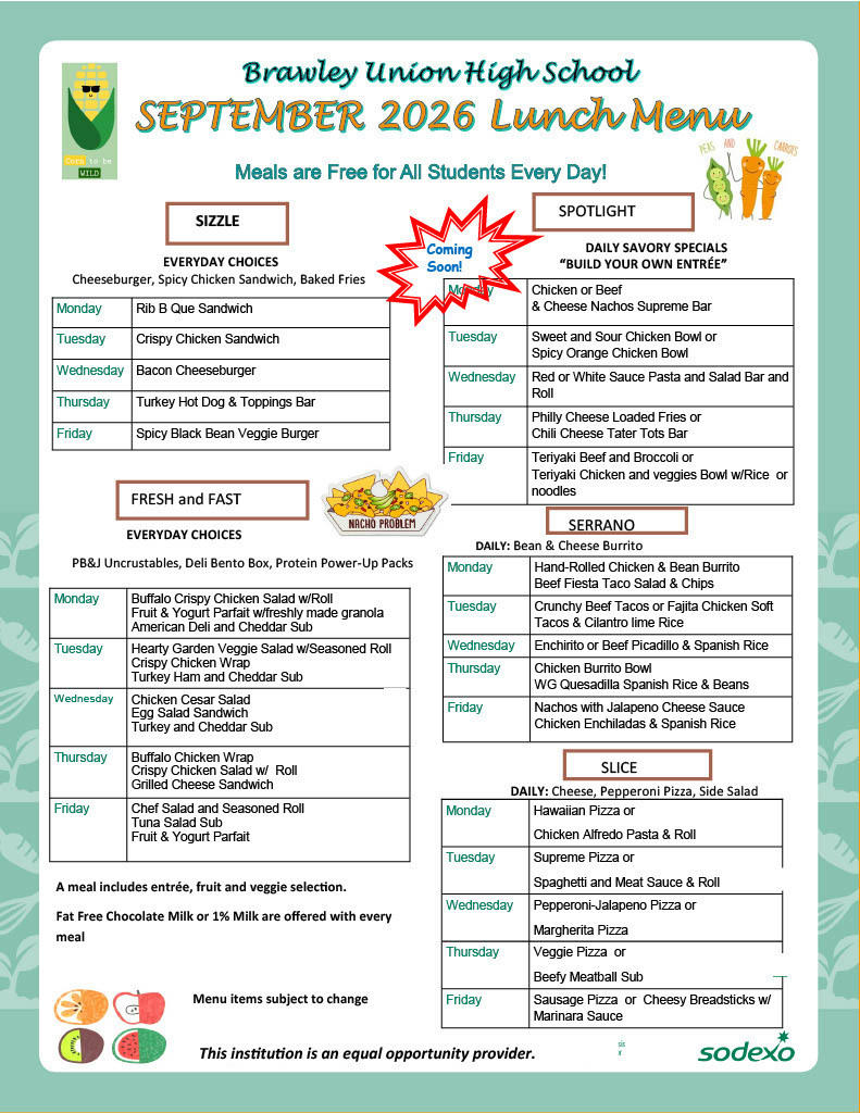 BUHS September Lunch is available in the cafeteria