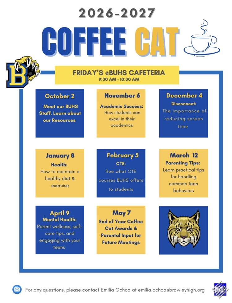 2026 2027 coffee cat meeting. visit brawleyhigh.org/buhs for more information