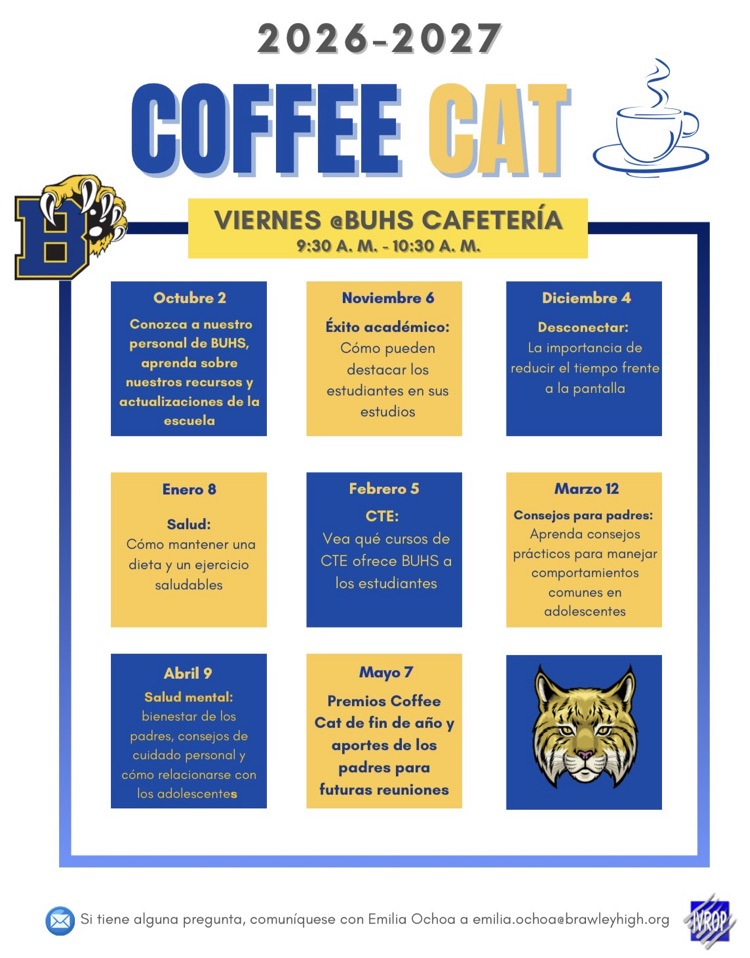 2026 2027 coffee cat meeting. visit brawleyhigh.org/buhs for more information