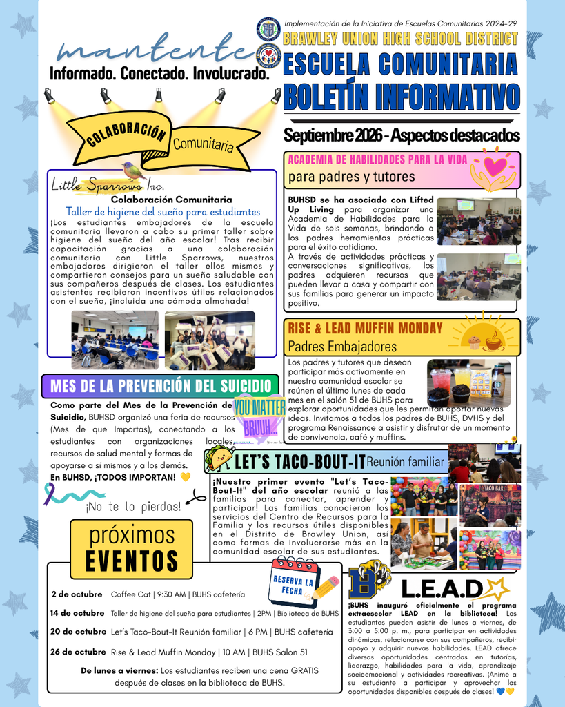 Boletín informativo de la escuela comunitaria del Distrito Escolar Secundario de Brawley Union correspondiente a septiembre de 2026, con novedades sobre talleres para alumnos, eventos para padres, recursos para la prevención del suicidio y un calendario de las próximas actividades.