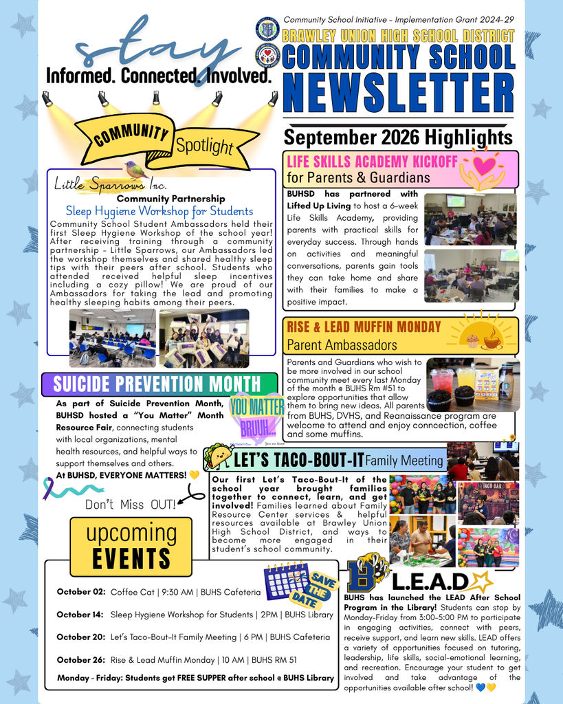 Brawley Union High School District community school newsletter for September 2026, featuring updates on student workshops, parent events, suicide prevention resources, and a calendar of upcoming activities.