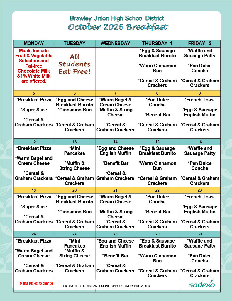 BUHS October breakfast is available in the cafeteria