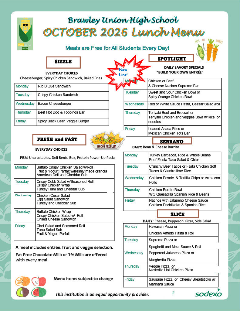 BUHS October Lunch is available in the cafeteria