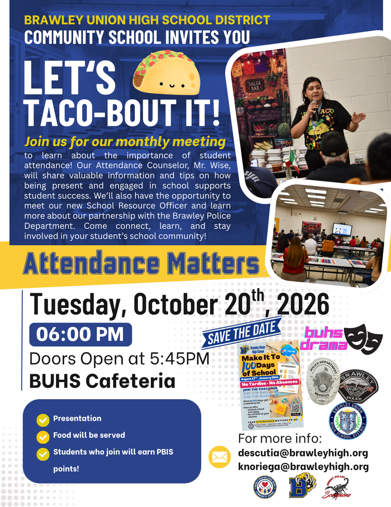 Let's Taco-Bout It meeting is on October 20, 2026 at 6pm in the BUHS Cafeteria