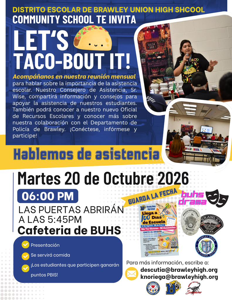La reunión Let's Taco-Bout It tendrá lugar el 20 de Octubre de 2026 a las 18:00 h en la cafetería del BUHS.