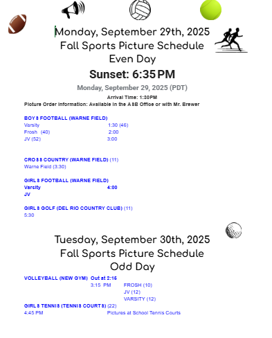 Fall Sports Schedule