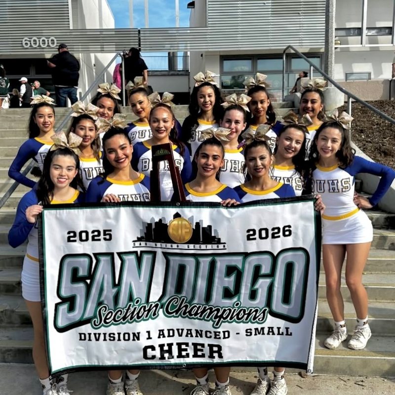 Brawley Union Cheer team holds CIF_SDS D1 Championship banner
