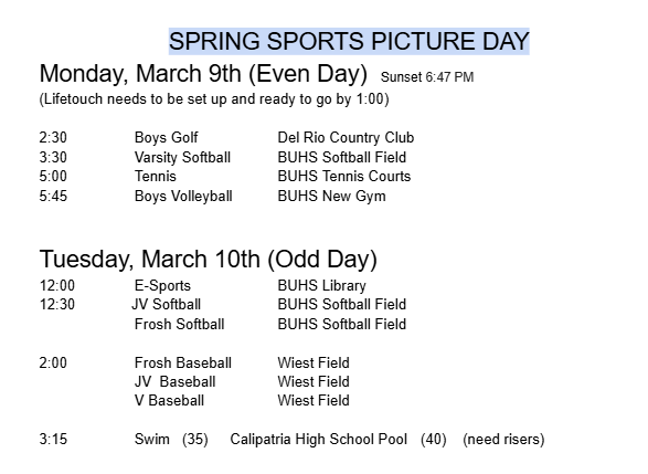 Spring Sports Picture Day
