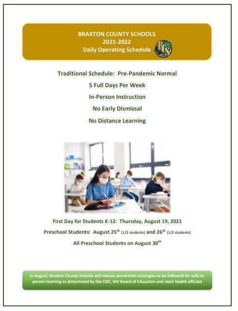 BCS 2021-2022 Daily Operating Schedule | Braxton County High