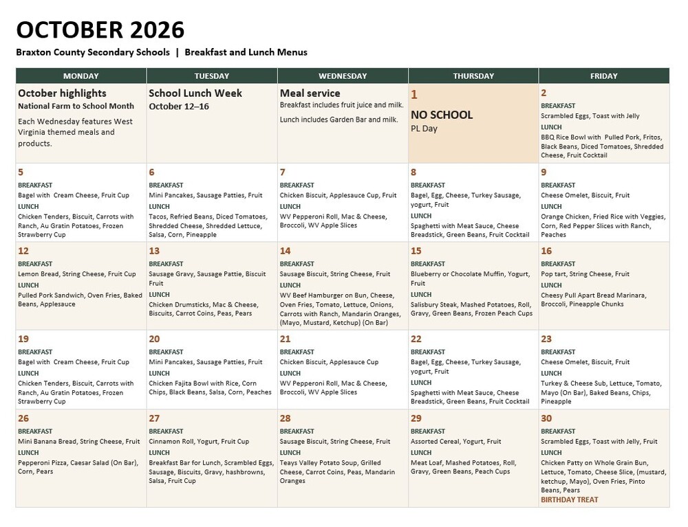October Menu Secondary