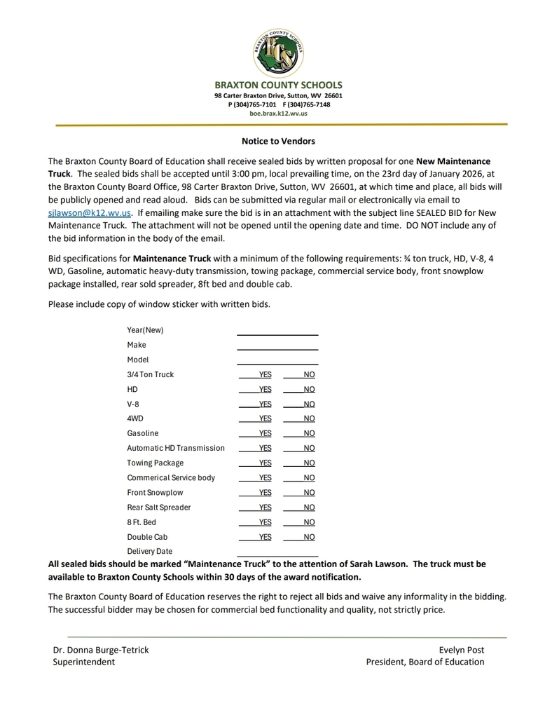 New Maintenance Truck Bid