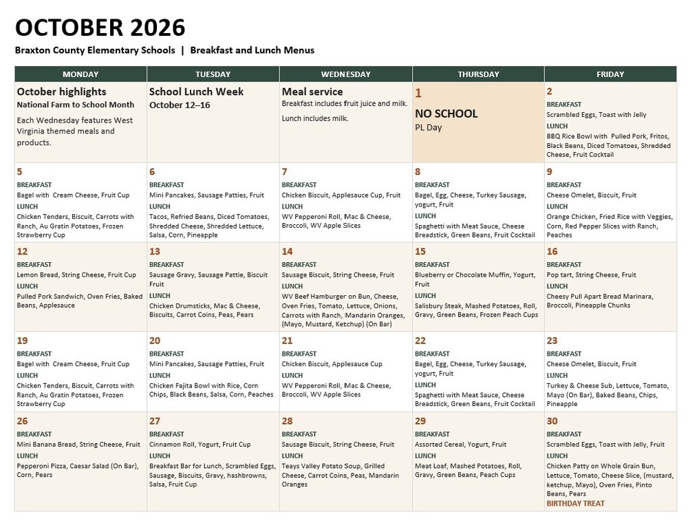 October Menu Elementary