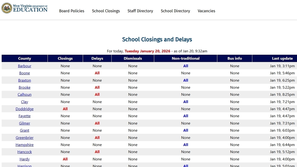 WVDoE School Closings Page