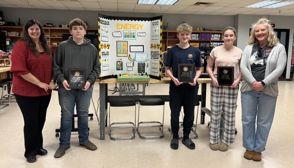 Braxton Middle School Winners. Pictured L to R are: Amy Perkins, principal, Brayden Springer, Chance Davis, and Laney King group winners, and Alicia McPherson, CTE instructor