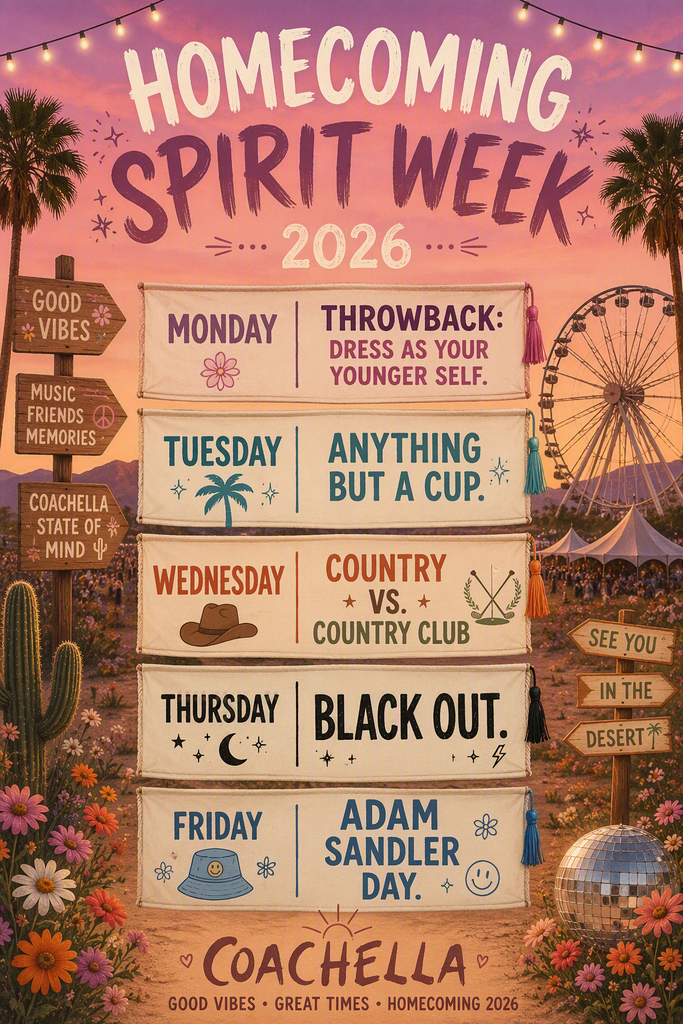 HOCO spirit week: Monday is Throwback day, Tuesday is Anything but a cup day, Wednesday is Country vs Country Club day, Thursday is Black out day, Friday is Adam Sandler day