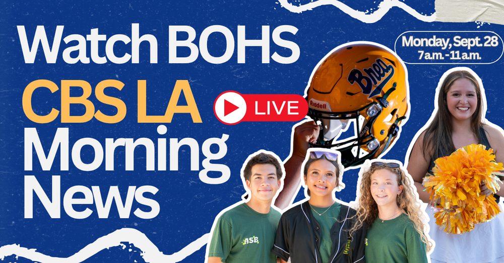 a graphic image with text about CBS LA Morning News Live Broadcast on Monday, Sept. 28 at 7am Graphic features BOHS students and a football helmet 