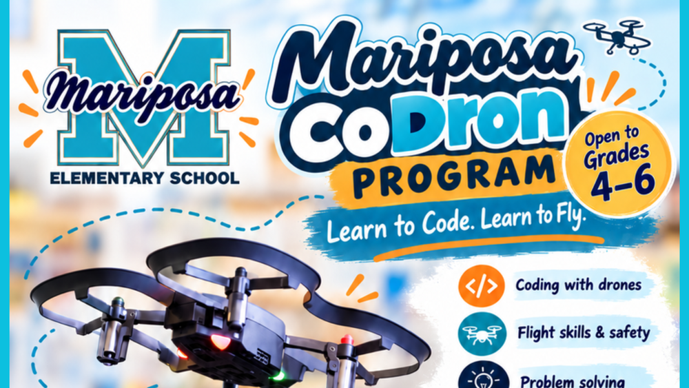 Mariposa logo with a picture of a dron. Advertising a codron program 4-6 grades