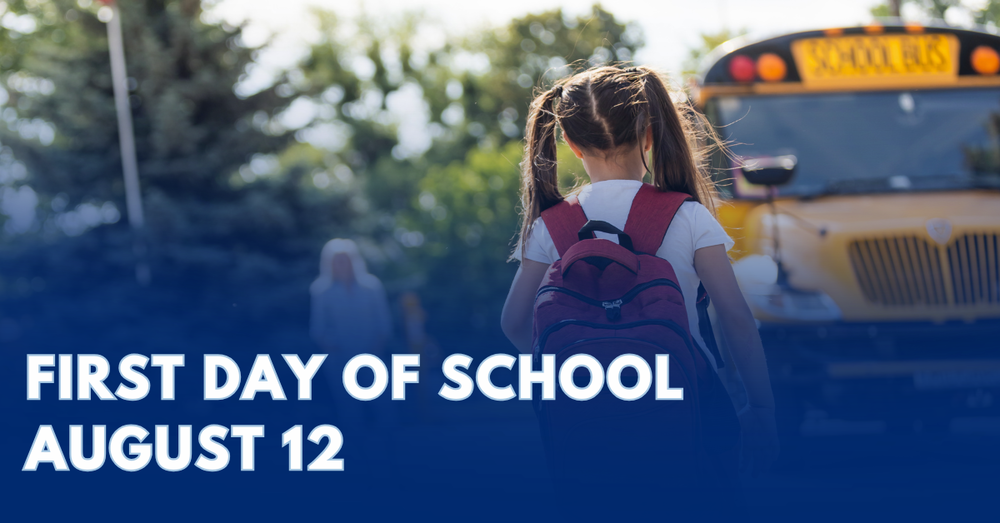 a graphic design image of a girl with backpack walking toward a school bus.