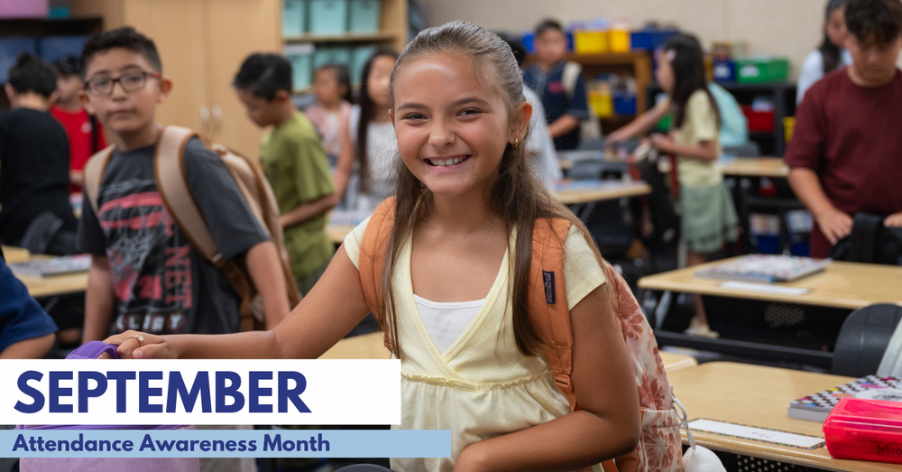 a photo of a girl in classroom with desks and other students blurred behind her. Text on image September Attendance Awareness Month