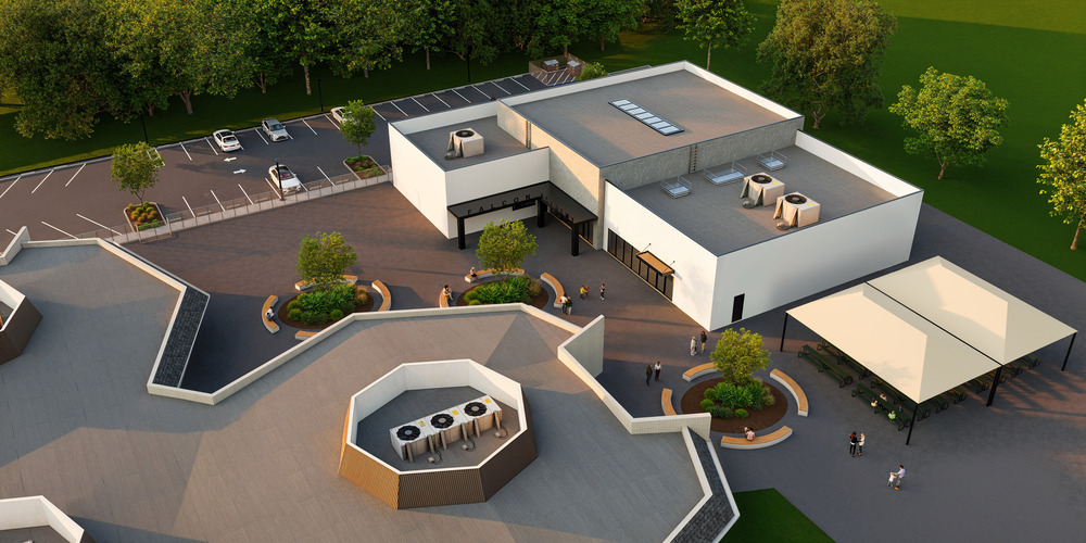 a illustration of Falcon Academy's new building and parking lot designed by Studio Plus Architects