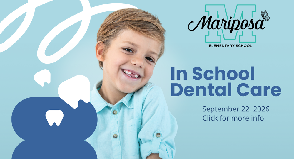 picture of kid with missing teeth and dental graphic with Mariposa logo