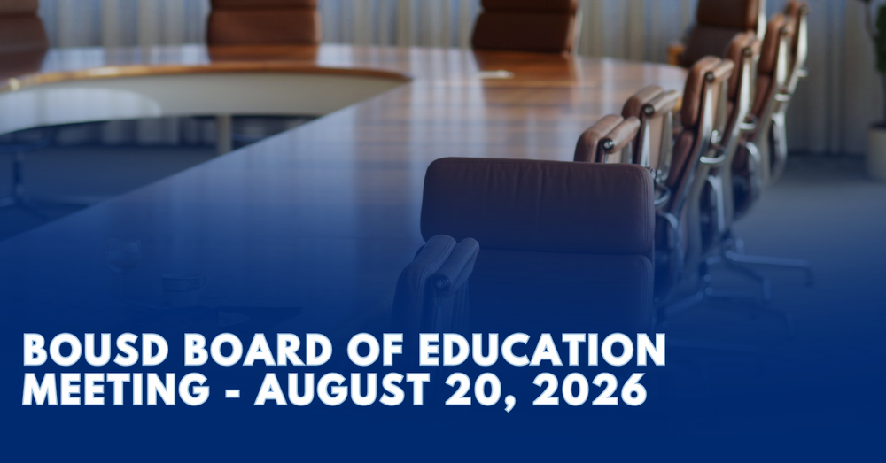 a round table with chairs with blue overlay and text on image : BOUSD Board of Education Meeting - August 20, 2026