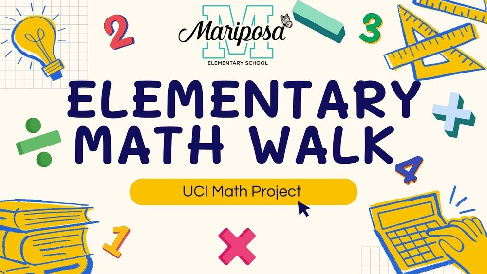 Image with math symbols and book with wording Elementary Math Walk