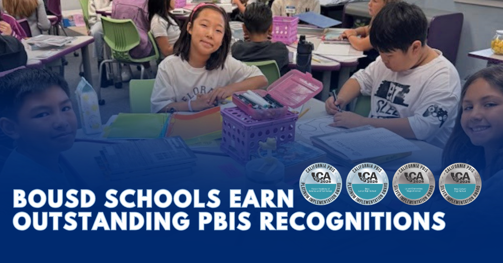 students in class at Laurel Elementary with a blue overlay and text on image: BOUSD Schools Earn Outstanding PBIS Recognitions