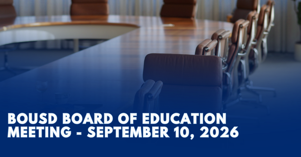 a large table with brown chairs circling the table. A blue overlay on the photo with text on the overlay: BOUSD Board of Education Meeting
