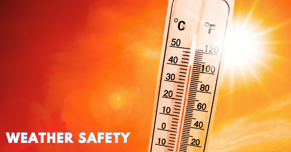 a thermometer with sun in background and orange and red colors. Text on image: Weather Safety