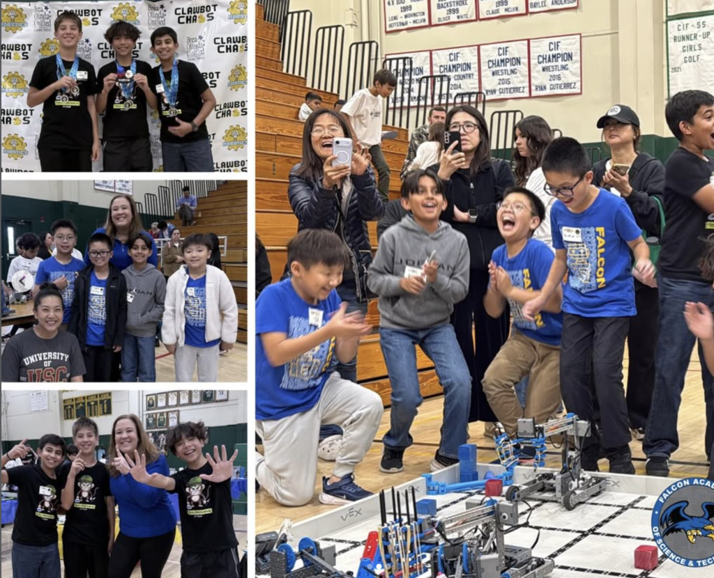 a collage of photos featuring students of Falcon Academy with their robots. In one photo, student have smiles and are showing excitement. In another photo students are holding their medals